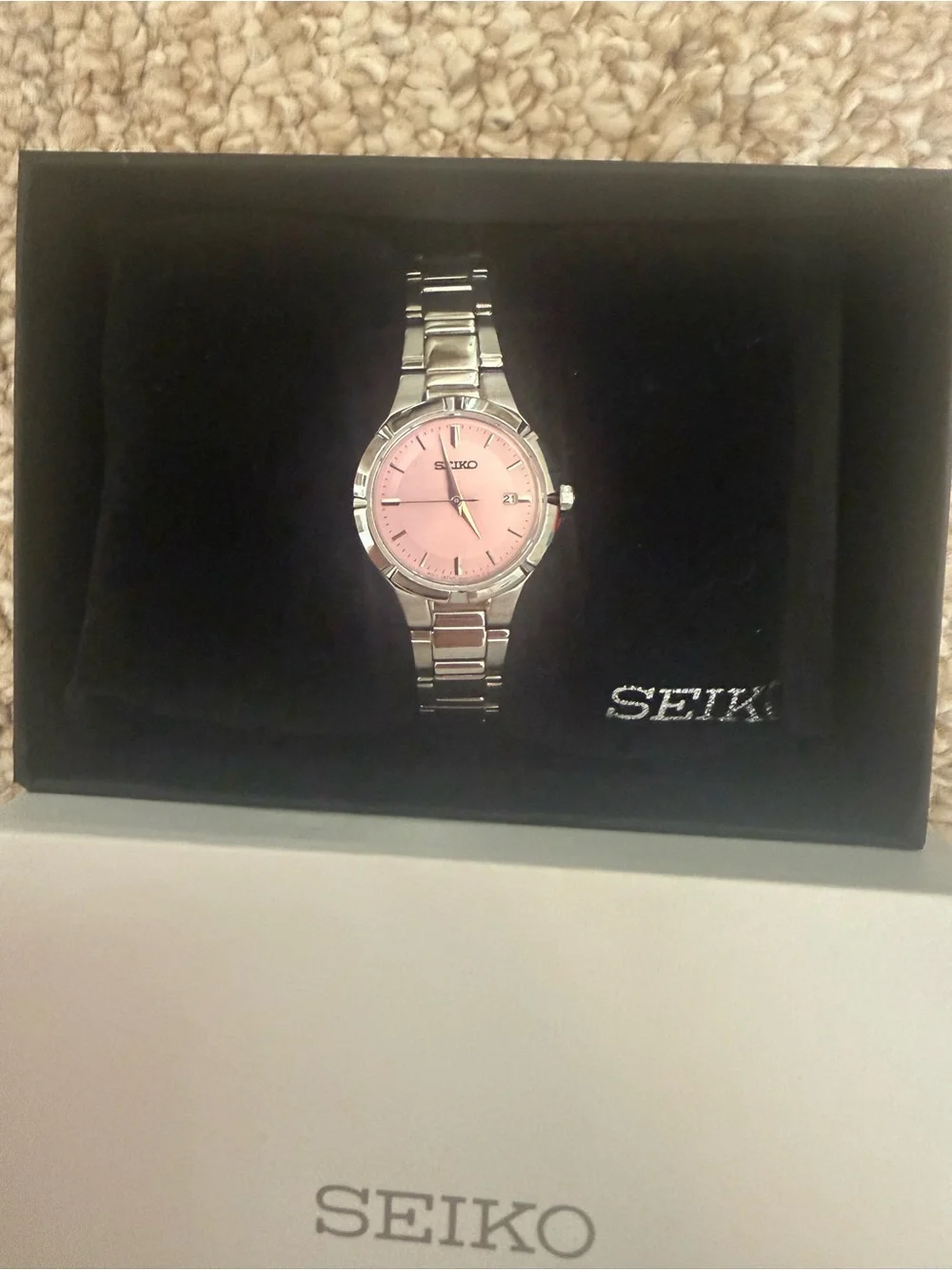 Seiko Silver Watch with Pink Dial